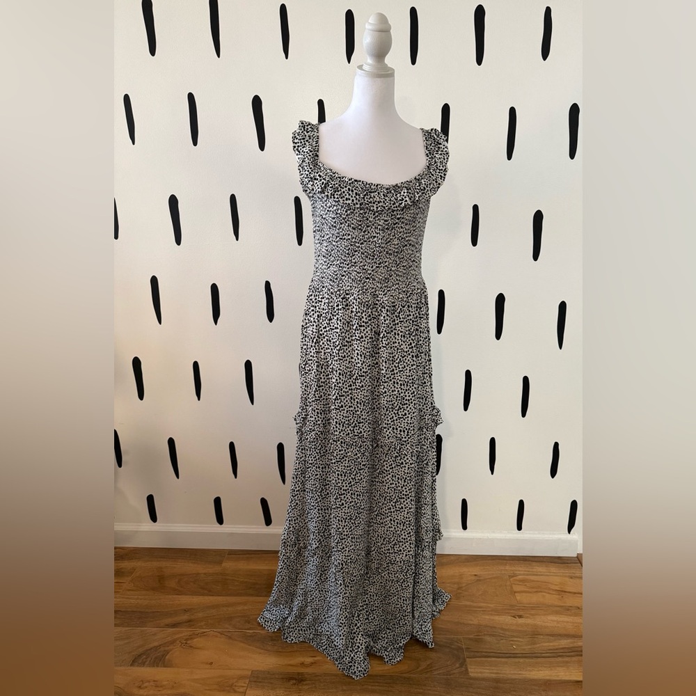 Express Black and White Smocked Maxi Dress with Ruffle Straps